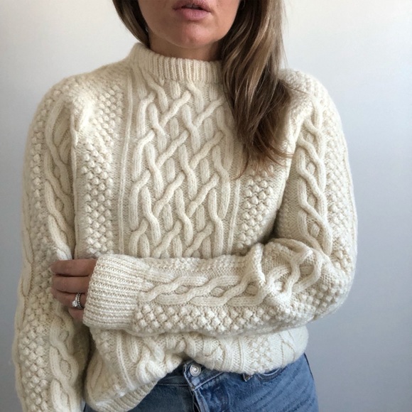 SOLD// Handmade Wool Fisherman’s Crewneck Sweater in Cream - Picture 3 of 9